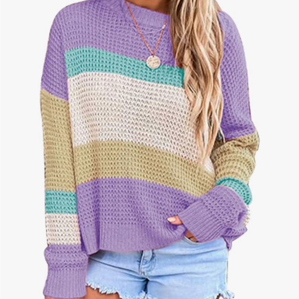 Casual Striped Color Block Knit Sweater Long Sleeve Crew Neck Loose Pullover